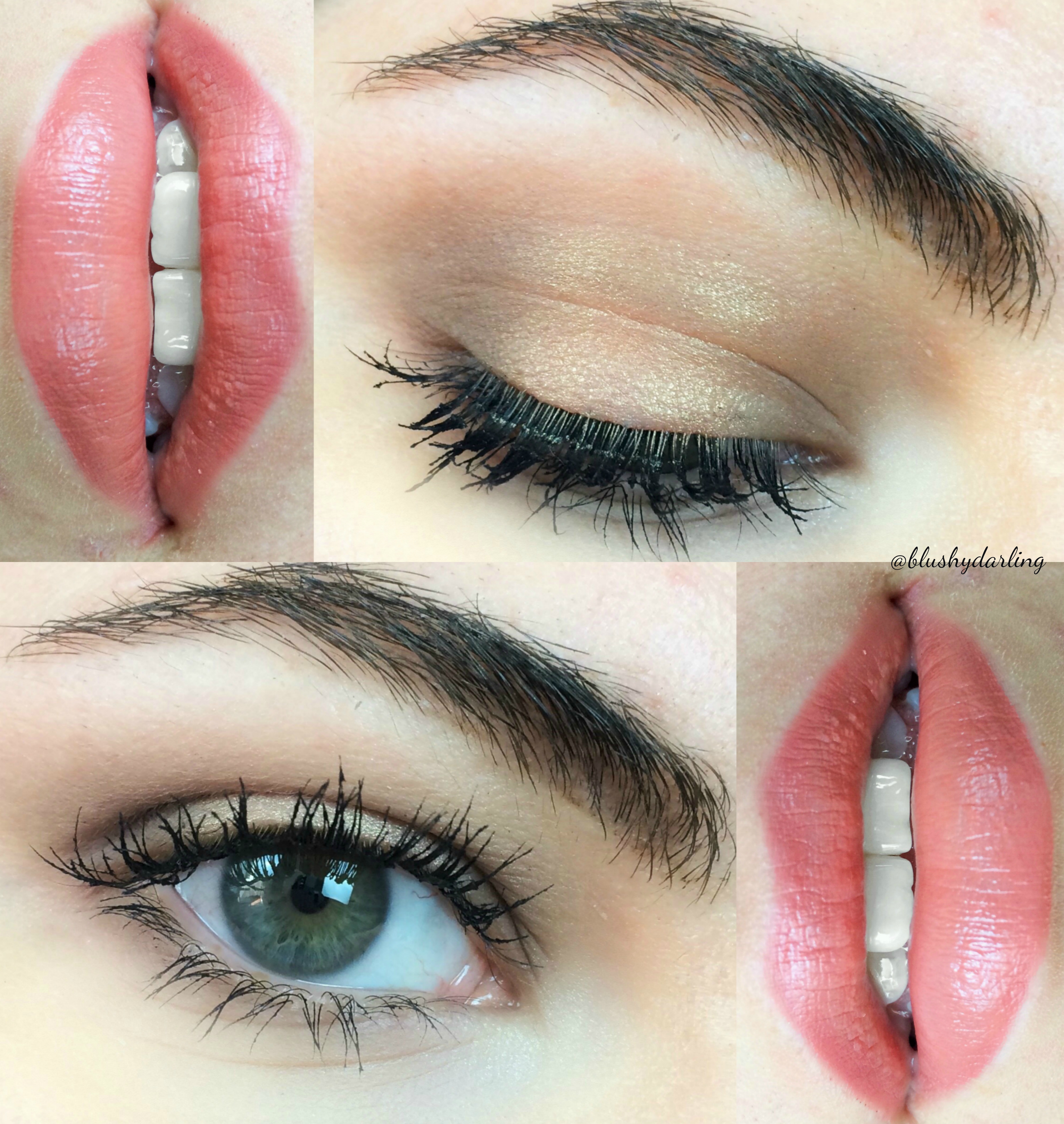 Easy everyday look using peach eyeshadow and peach lipsticl