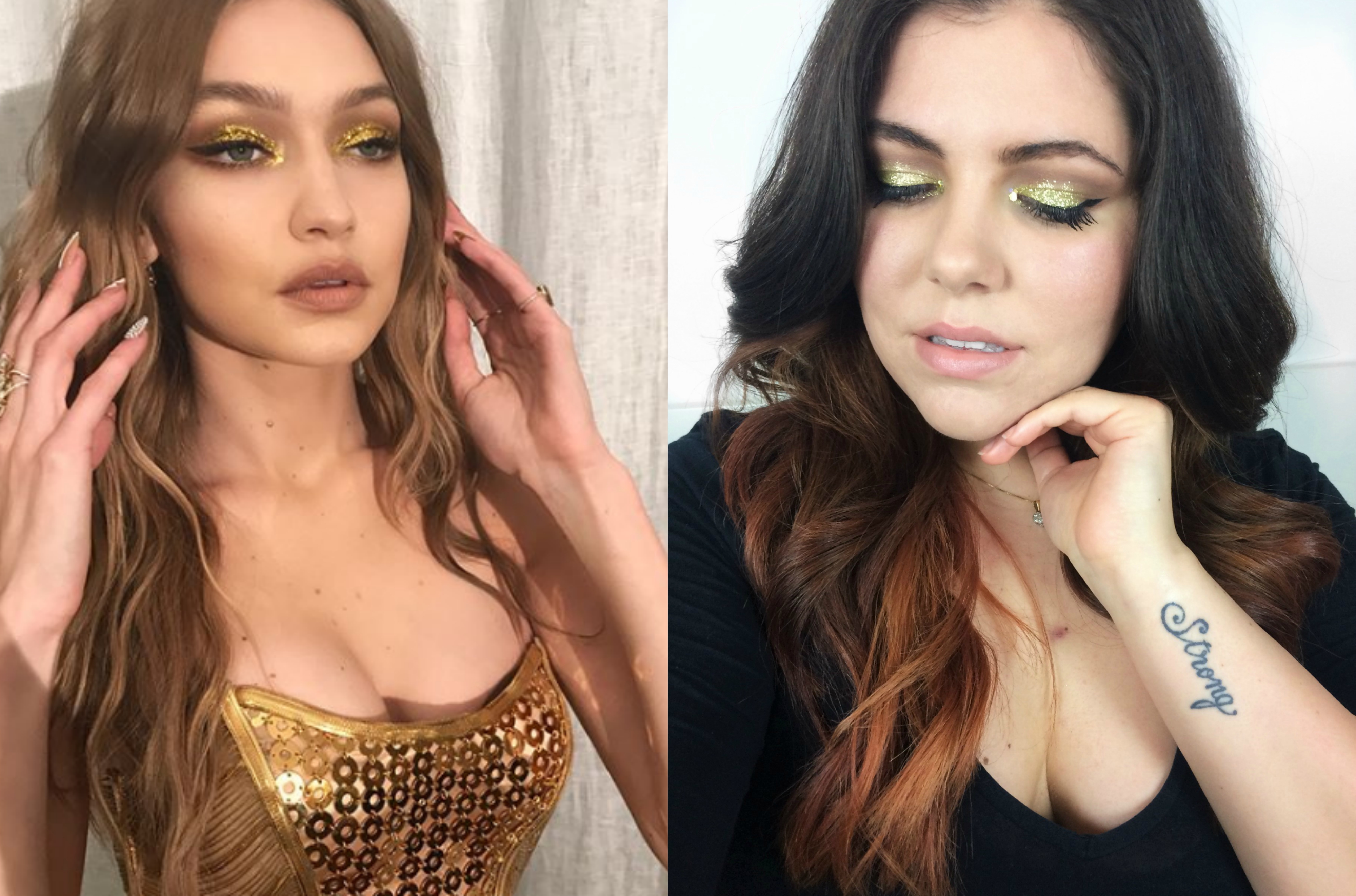 Gigi Hadid inspired look. Recreation of her birthday makeup created by Erin Parsons using Maybelline. Golden Glitter fun look #gold #glitter #holografic #makeup #gigihadid