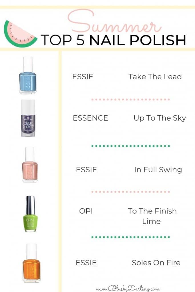 My selection of nail polishes for the Summer, get your nails summer ready with these Essie, Opi and Essence shades